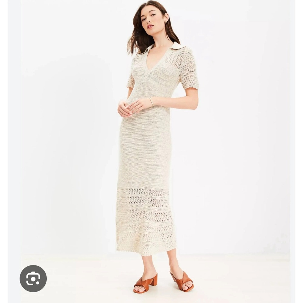 Loft Beach Crochet Maxi Dress Cream Cotton Knit Polo Collar Short Sleeve Small
